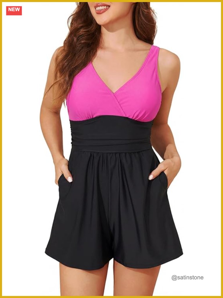 Tummy Control V Neck One Piece Swimsuit With Shorts Modest Full Coverage Swim